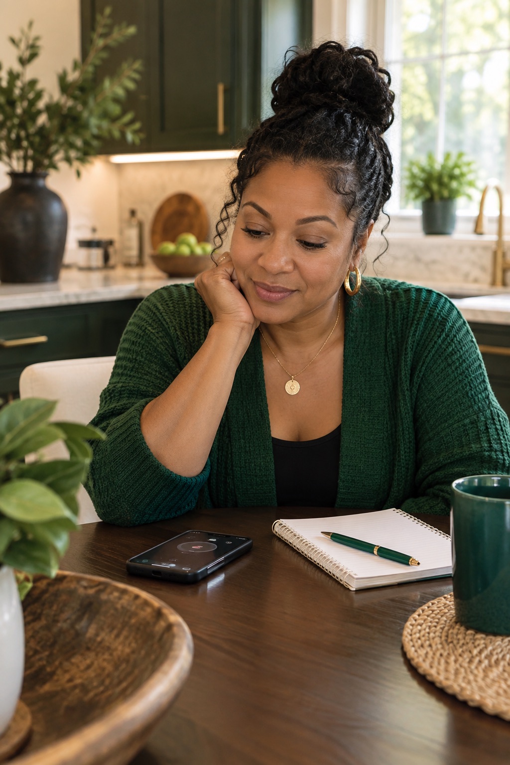 A woman sitting at her kitchen table taking a call on speakerphone, a notepad and pen beside her.