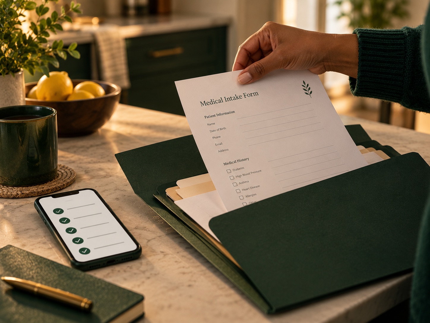 A hand lifting a completed Medical Intake Form out of a green folder on a kitchen counter, next to a phone showing a checklist of finished sections.